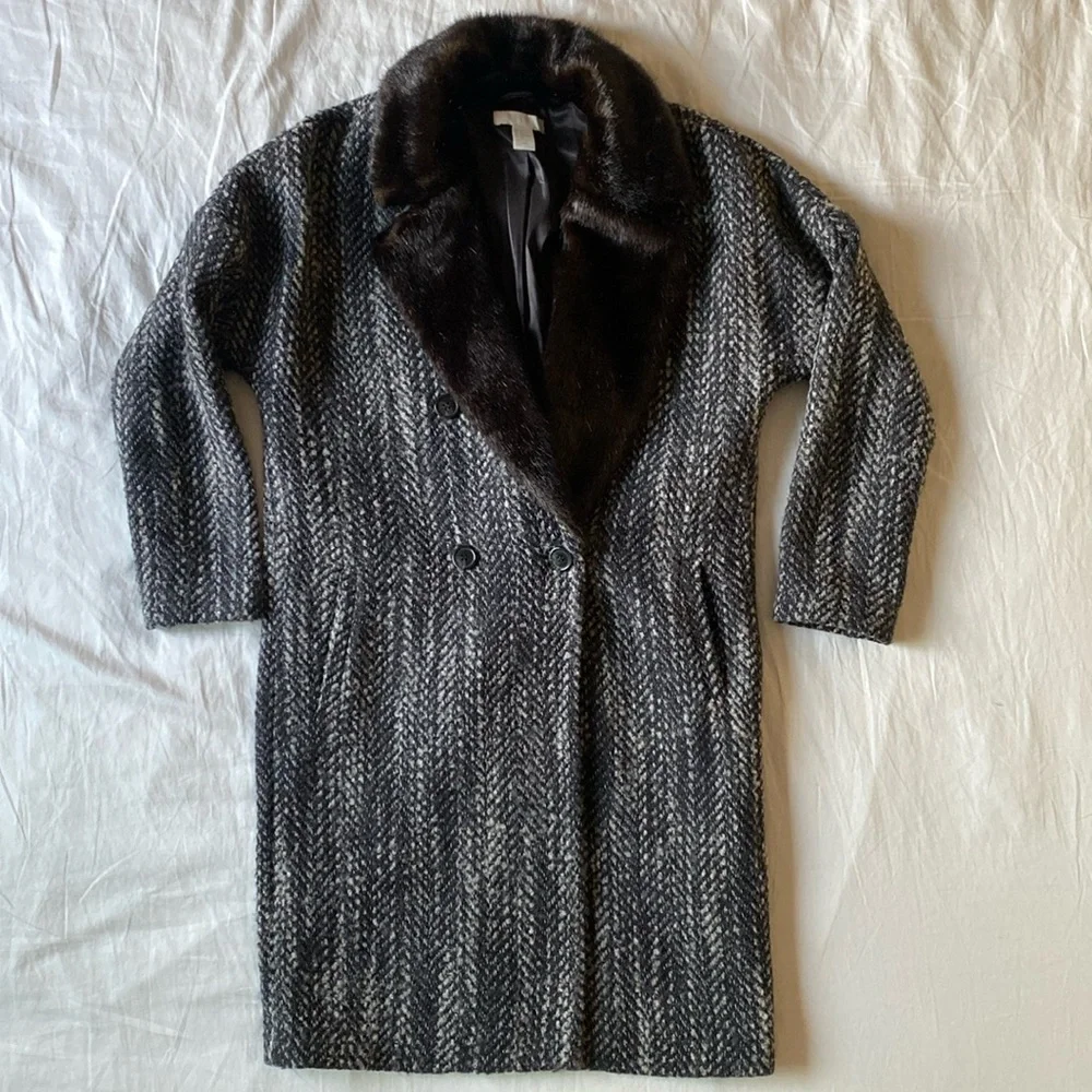 H&M Faux Fur Collar Tweed Wool Blend Long Coat Sz 6 - Picture 3 of 12